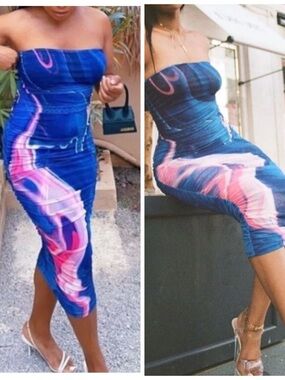 Farai London Hera Midi Dress Strapless Mesh Bodycon Stretch Blue Pink Smoke M